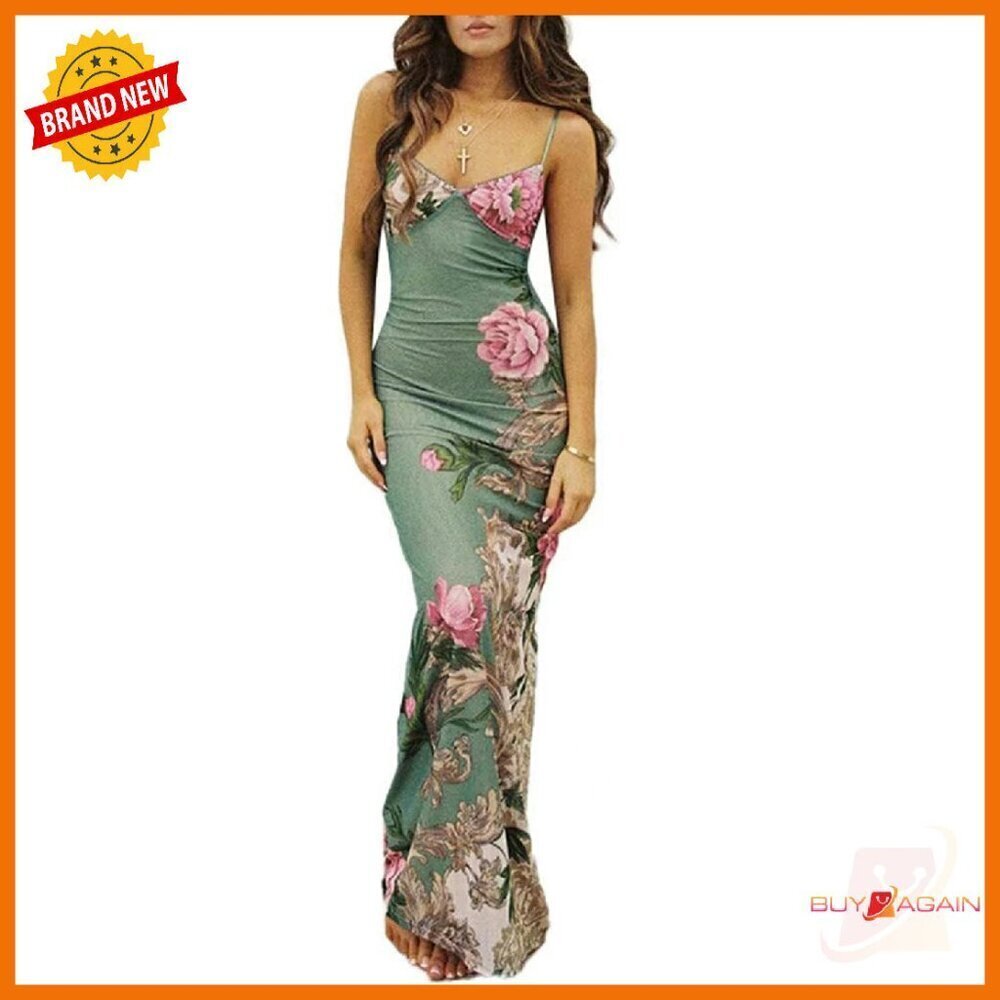 Vintage Spaghetti Strap Maxi Dress Satin Slip Backless Bodycon Formal